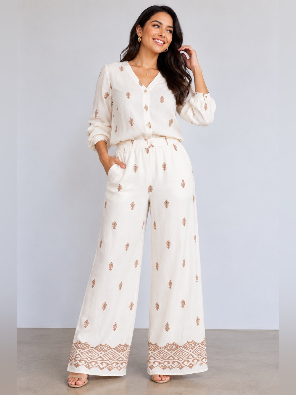 NWT Cream Aztec Print V-Neck Top & Wide Leg Pants Set L